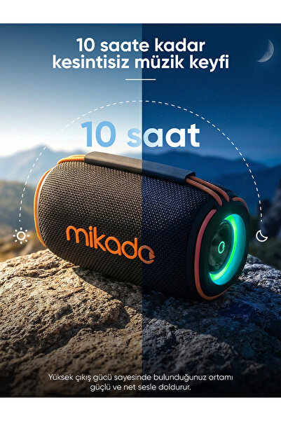 Mikado MD-33BT Siyah IPX6 60W RGB Işıklı 7200mAh TF KART+USB Destekli Bluetooth Hoparlör