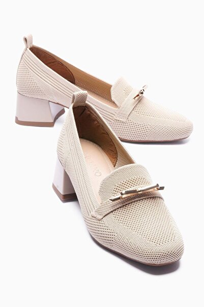 Mubiano Γυναικεία πλεκτά παπούτσια με τακούνι, χρυσή αγκράφα, μπεζ Sirel