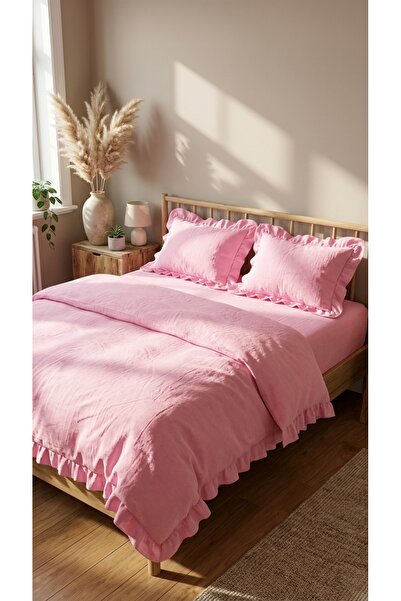 kesenegore Set de 4 piese din țesătură de bumbac cu volane și cearșafuri elas...