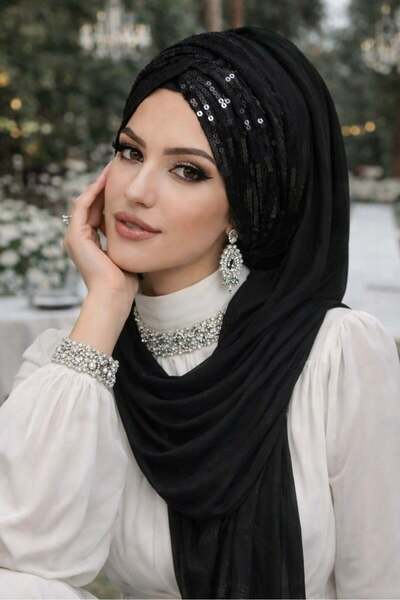 Aişe tesettür Siyah Payetli Burgu Model Hazır Abiye Şal