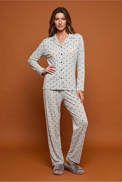 DOFİ Set de pijamale cu nasturi cu buline gri pentru femei – țesătură respira...