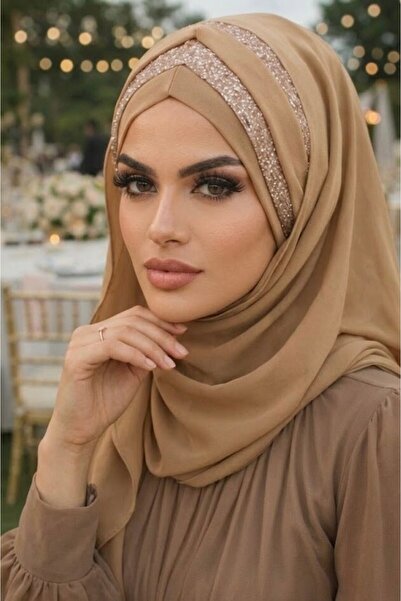 Aişe tesettür Camel Çapraz Bant Abiye Double Şal