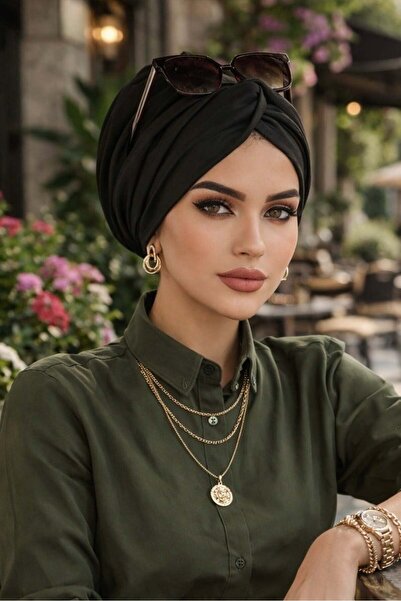 Aişe tesettür Black Khaki Ready Twisted Knot Bonnet