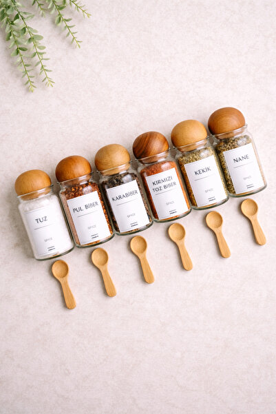 KaiHome 6 قطع برطمان توابل زجاجي سعة 300 مل بغطاء علوي + 6 ملاعق خشبية