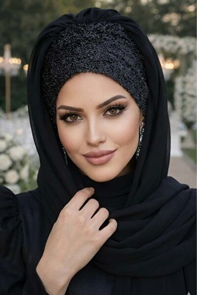 Aişe tesettür Siyah Simli Hazır Abiye Şal