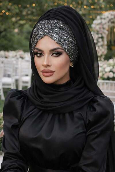 Aişe tesettür Siyah Büzgülü Hazır Abiye Şal - 60400