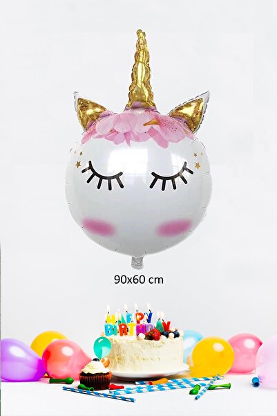 PEKSHOP Unicorn Folyo Balon Kirpikli Gold Detaylı Balon