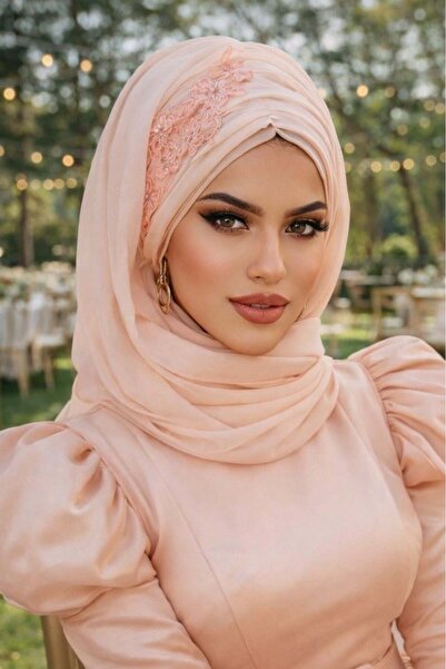 Aişe tesettür Açık Somon Güpürlü Abiye Şal