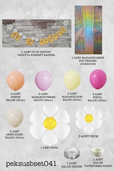 PEKSHOP Papatya Tema Doğum Günü Parti Paketi Fon Perdeli Bannerlı Lüks Balon Seti 33 Parça