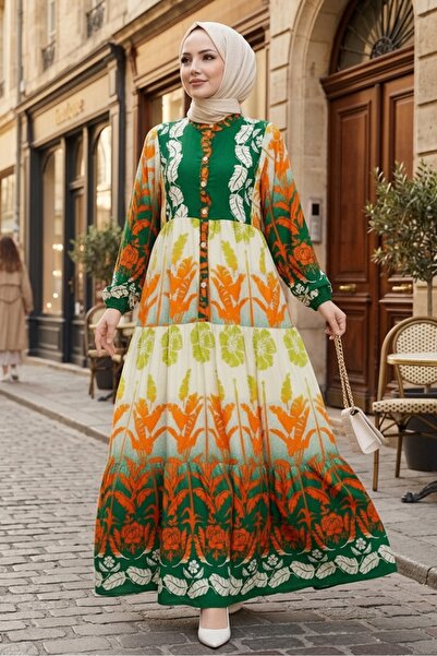 Bestenur فستان ساير نصف زر منسوج من الفيسكوز 1485 - برتقالي