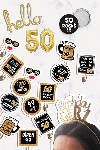 PEKSHOP Hello 50 Yaş Altın Konsept Doğum Günü Parti Seti