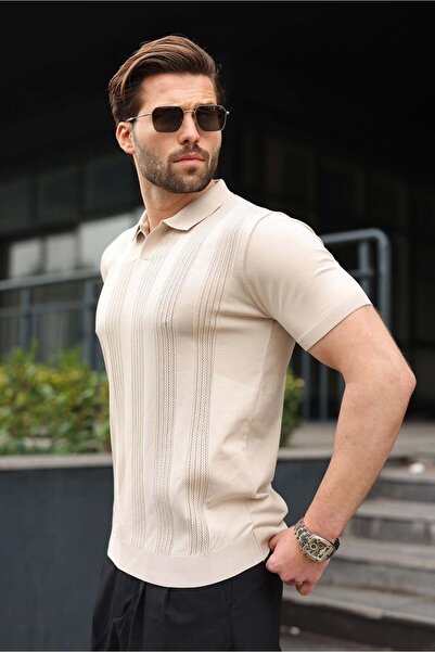 Madmext Tricou pentru bărbați, culoare piatră, cu guler polo, din tricotaj E7469