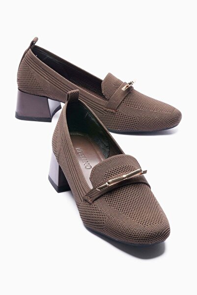 Mubiano Γυναικεία πλεκτά παπούτσια με τακούνι, χρυσή αγκράφα, καφέ Sirel