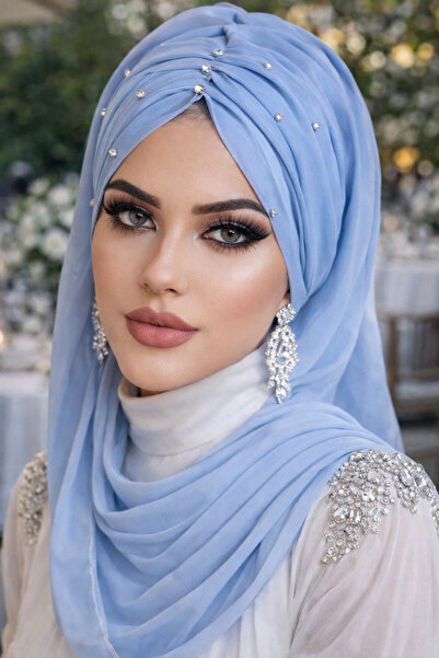 Aişe tesettür Bebe Mavi Taş Detay Büzgülü Abiye Şal