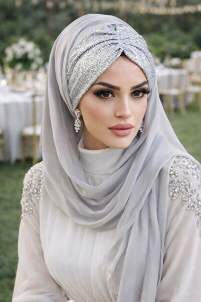 Aişe tesettür Gümüş Fransız Şifon Simli DOUBLE Abiye Şal
