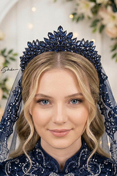 SHEKA - Kelebek Model Lacivert Reng Kristal Taş ve Boncuklu Kına Tacı, Lacive...