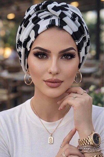 Aişe tesettür غطاء رأس ملتوي منقوش باللونين الأبيض والأسود