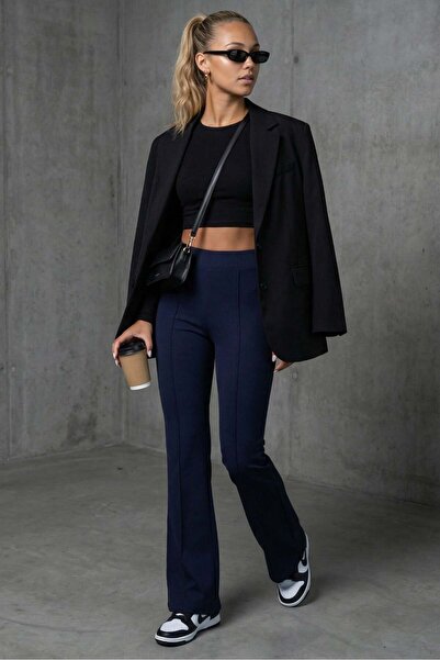 Madmext Colanți de damă, albastru marin, cu talie înaltă, cu picior evazat, e...