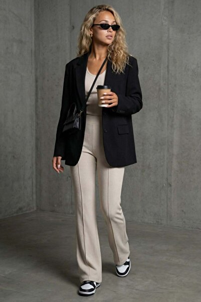 Madmext Μπεζ ψηλόμεσο κολάν με φαρδιά μπατζάκια, κομψό καθημερινό γυναικείο κ...