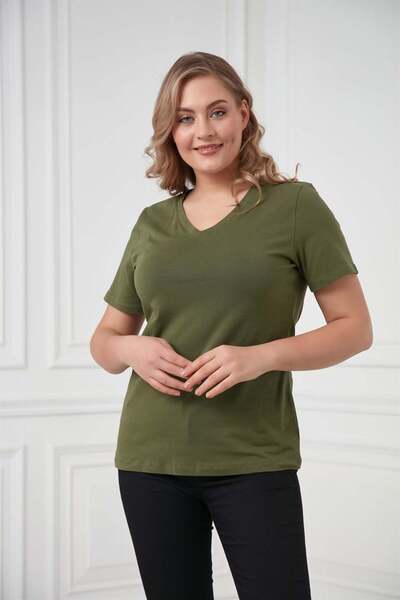 RMG Tricou kaki cu decolteu în V de marime mare