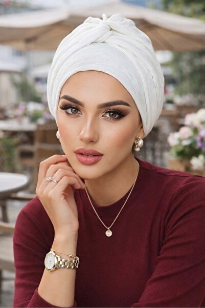 Aişe tesettür Λευκό καπό με λεπτομέρεια δαντελωτή πλέξη Ready Twist