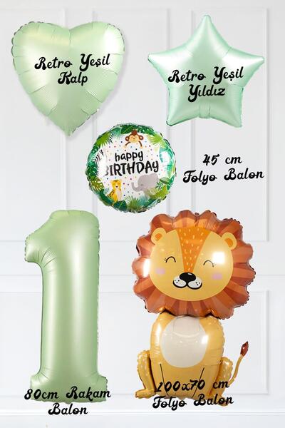 PEKSHOP Safari Tema Doğum Günü Yaş Balonlu Retro Yeşil Safari Balonları Sevimli Aslan Balonlu Set