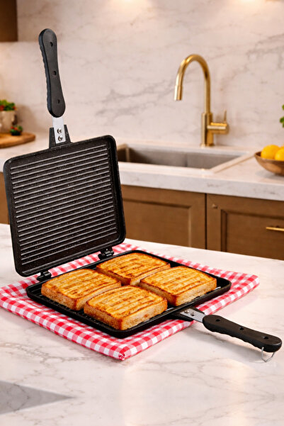 MEŞELER Ocak Üstü Granit Döküm El Tost Ve Çok Amaçlı Grill Tava Siyah