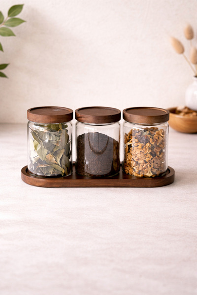 KaiHome طقم مرطبان زجاجي مكون من 3 قطع مع حامل أكاسيا