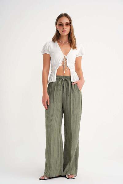 Mixray 4643 Ženske prugaste palazzo pantalone širokih nogavica kaki boje