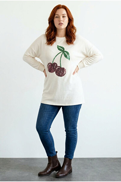 Stil Diva سترة ناعمة مطرزة بترتر الكرز الكريمي مقاس كبير 285069