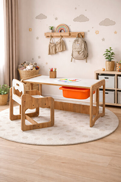 Industrial Living Montessori Tek Kişilik Masa Sandalye Takımı, 18mm Ceviz-Bey...