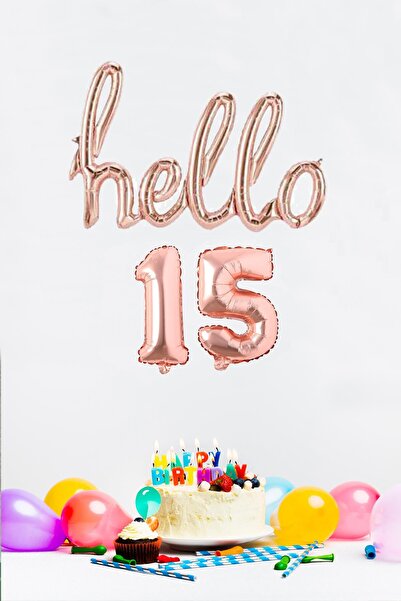 PEKSHOP 15 Yaş Doğum Günü Balonları - Hello 15 El Yazısı Rose Gold Renk Folyo...