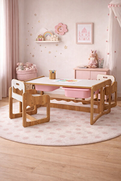 Industrial Living Montessori 2 Kişilik Masa Sandalye Takımı, 18mm Ceviz-Beyaz...