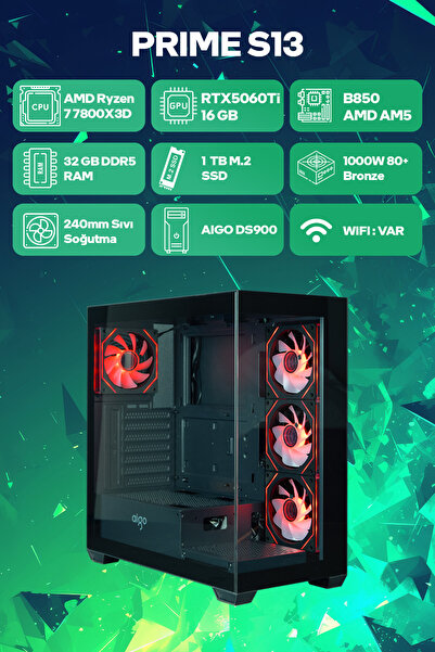 Game Garaj Prime S13 AMD Ryzen 7 7800X3D 32GB RAM 1TB SSD RTX5060Ti 240mm Sıv...