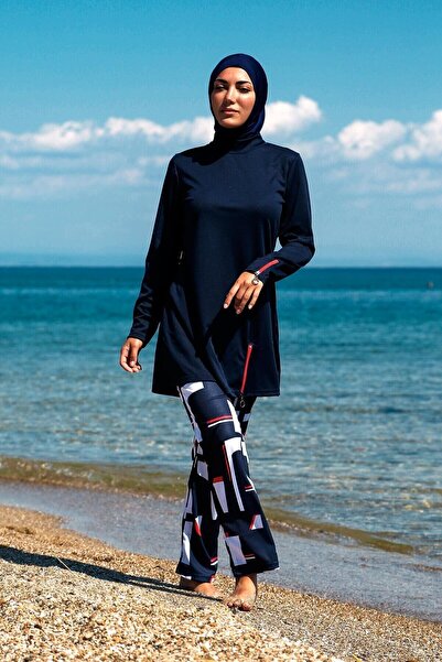 Riva Mera Rivamera 4-Piece Dark Blue Pattern Detailed Full Covered Hijab Swim...