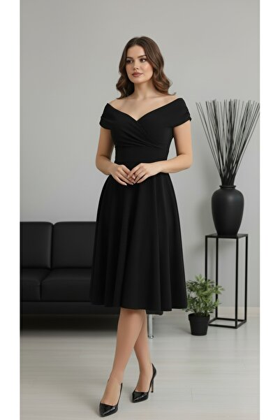 Rokka Moda Kayık Yaka Midi Elbise