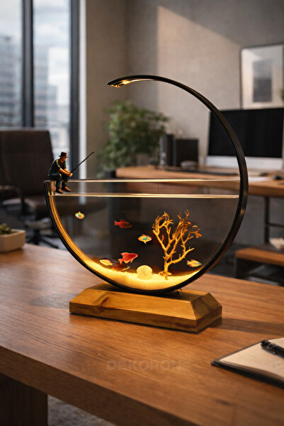 Poyel Decor Dekoron Modern Tasarım Dekoratif Akvaryum – Amber LED Aydınlatmal...