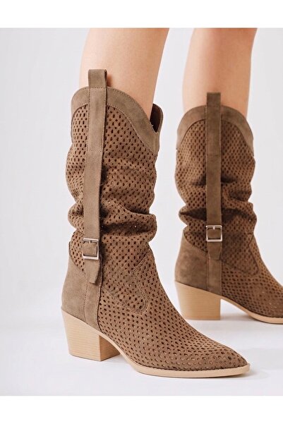 BonuStep Vizon Rengi Körüklü Kadın Kalın Topuklu Yazlık Çizme