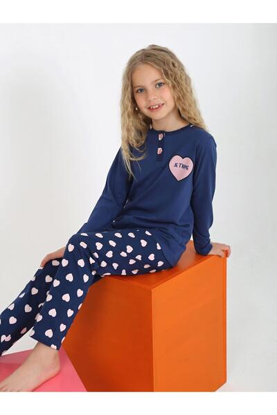 vitmo Girls' Long Sleeve 100% Cotton Button Detailed Pajama Set Je t'Aime