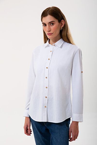 UNIQVIBE قميص كتان نسائي أبيض طويل الأكمام