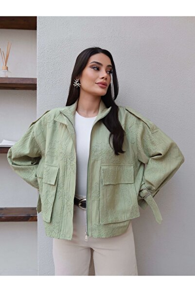 ESRAHELVACI Çiçek Nakışlı Kol Kemerli Ceket