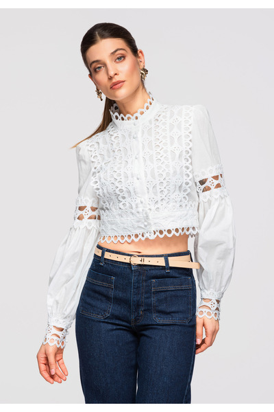 OMBRE Femei Cămașă Crop Elegantă OW-SH-E0013 Alb