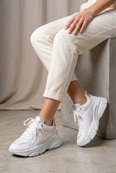 Hugan Pantofi sport albi premium pentru femei, cu talpă înaltă