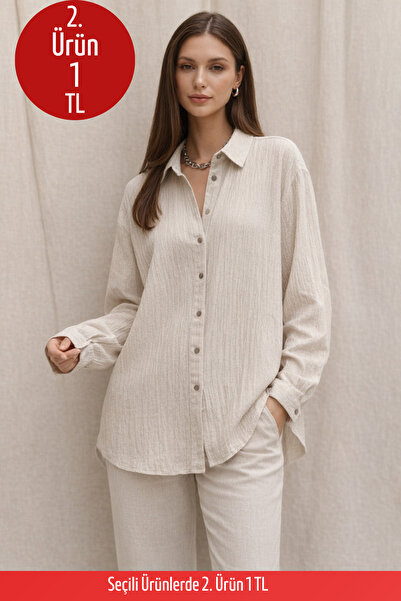 COMBİNE MİCHAİL Kadın Basic Uzun Kollu Salaş Bej Gömlek