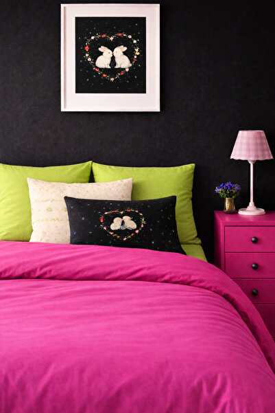 İQON Flat Sheet Duvet Cover Set 100% Cotton Single Size Fuchsia-Pistachio Green