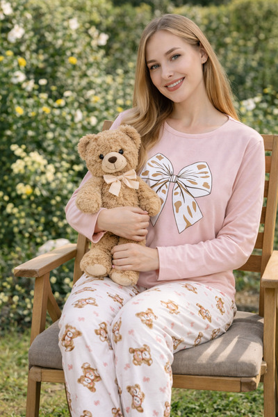 rindahomewear ΓΥΝΑΙΚΕΙΟ ΣΕΤ ΠΙΤΖΑΜΑΣ ΜΕ ΜΑΚΡΙΑ ΜΑΝΙΚΙΑ ΚΑΙ ΣΤΑΜΠΑ Μονό ζέρσεϊ