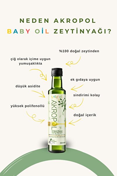 Akropol %100 Doğal Bebek Zeytinyağı 250ml | +6 Ay Ek Gıdaya Uygun | Erken Has...