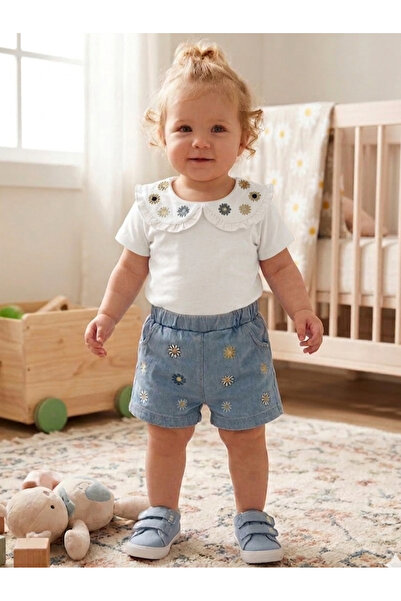 EYMİRGİYİM Daisy Embroidered Cotton Piece Combed Cotton Shorts Set for Baby G...