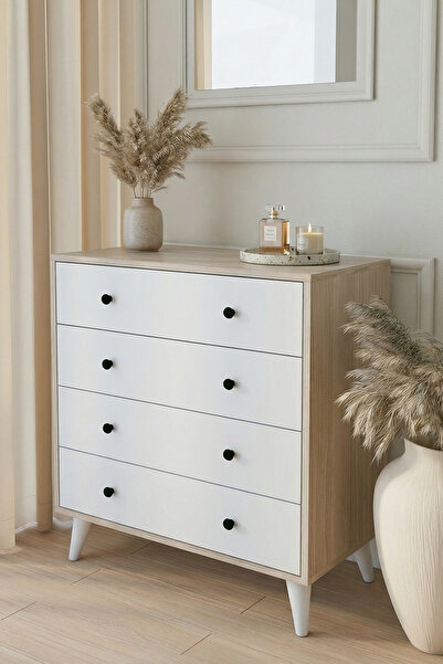 MONTENERO Şifonyer Cordoba Parlak Beyaz-kahverengi 4 Çekmeceli Country Şifony...