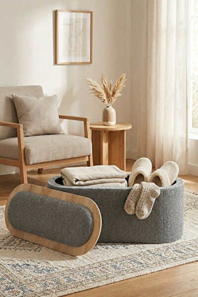 Zem Contes Bohem Sandıklı Orta Sehpa Puf/Bench , Gri